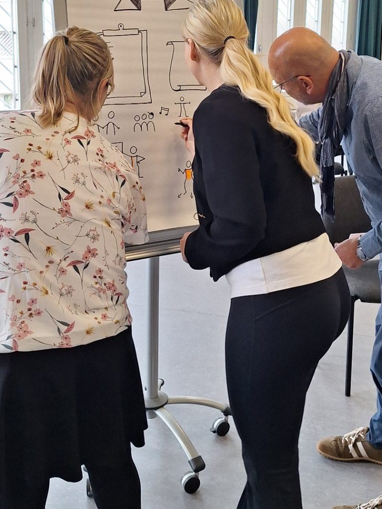 Flipchart Workshop Menschen zeichnen Skizzen an Flipcharts in einem Workshop.